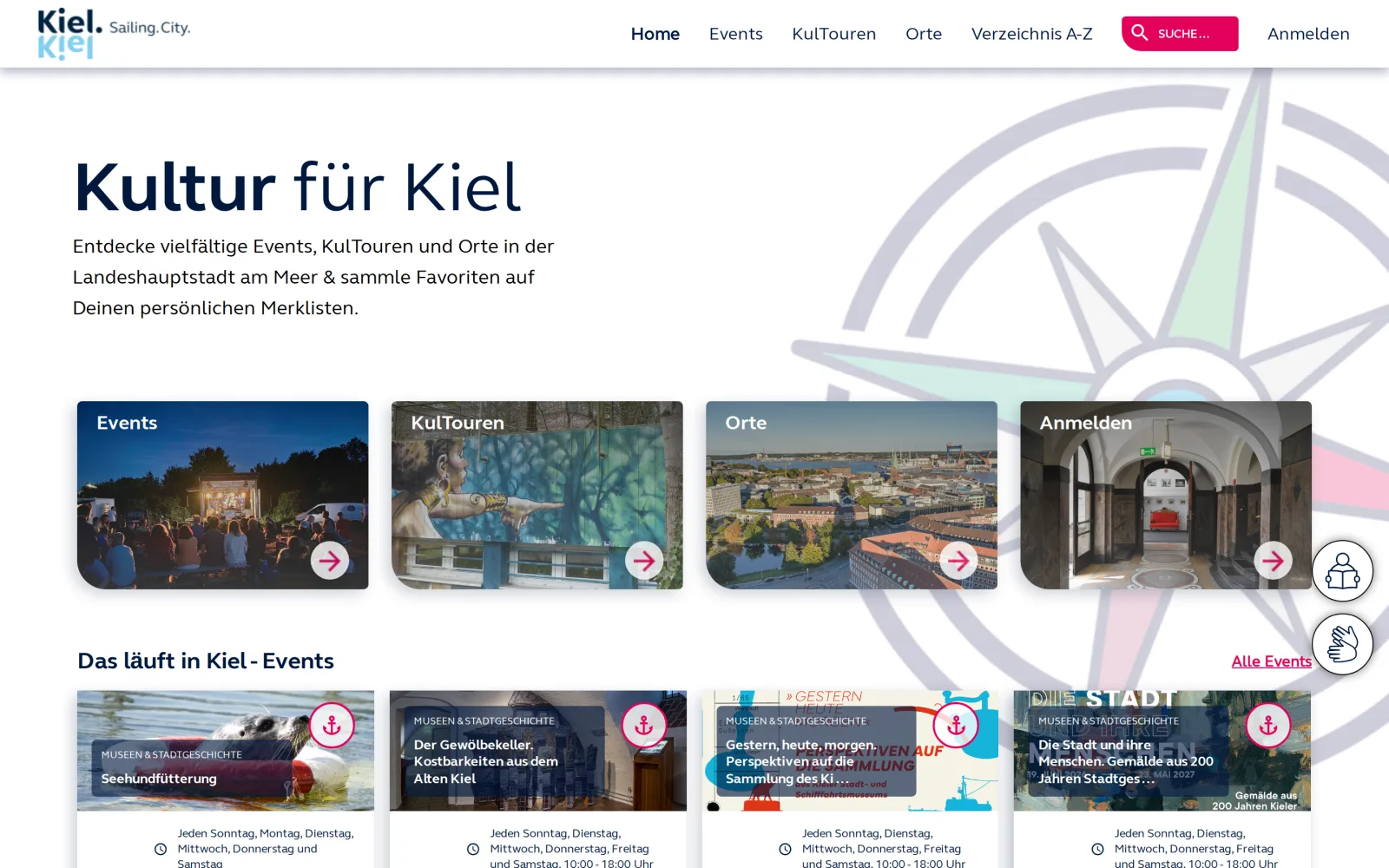 Startseite des Kiel.KulturKompass mit Kacheln für Events, KulTouren, Orte und aktuellen Veranstaltungen