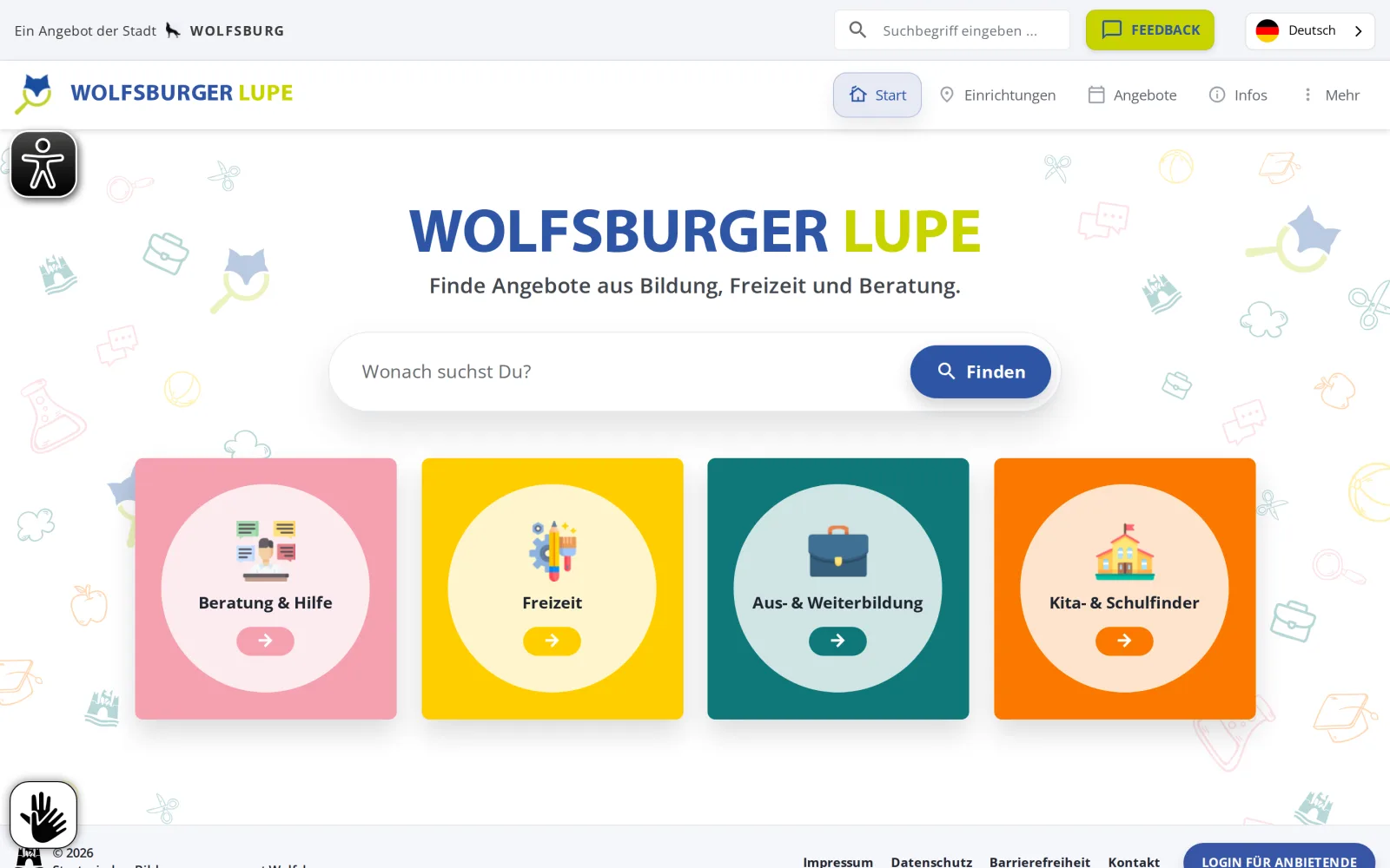 Startseite der Wolfsburger Lupe mit Suche und den Kacheln Beratung & Hilfe, Freizeit, Aus- & Weiterbildung und Kita- & Schulfinder