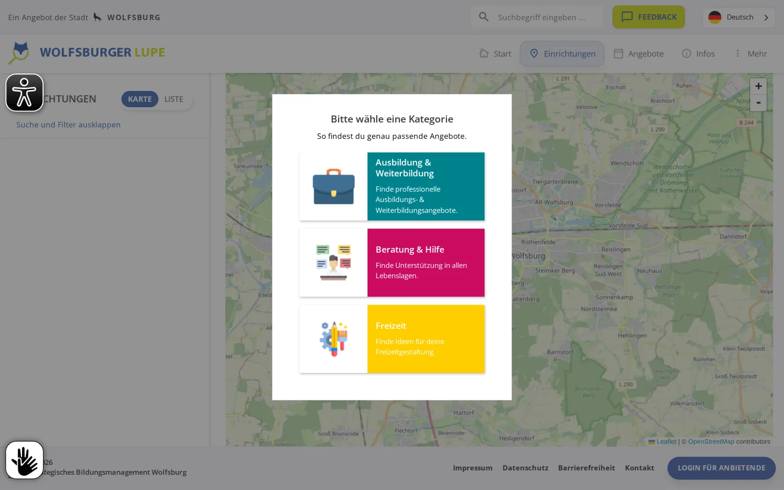 Kartenansicht der Wolfsburger Lupe mit OpenStreetMap-Karte von Wolfsburg und Kategorieauswahl