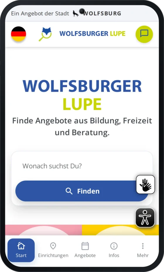 Wolfsburger Lupe auf dem Smartphone: Startseite mit Suche und Kategorien